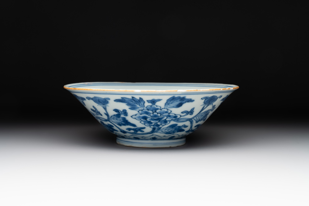 A Chinese blue and white 'peony scroll' bowl, Chenghua mark, Shunzhi/Kangxi