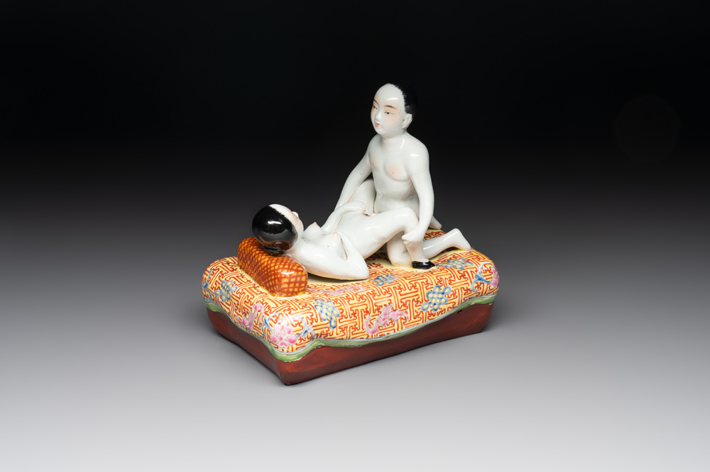 A Chinese famille rose 'erotic' group, You Lin Ji Zao 游林記造 mark, 20th C.