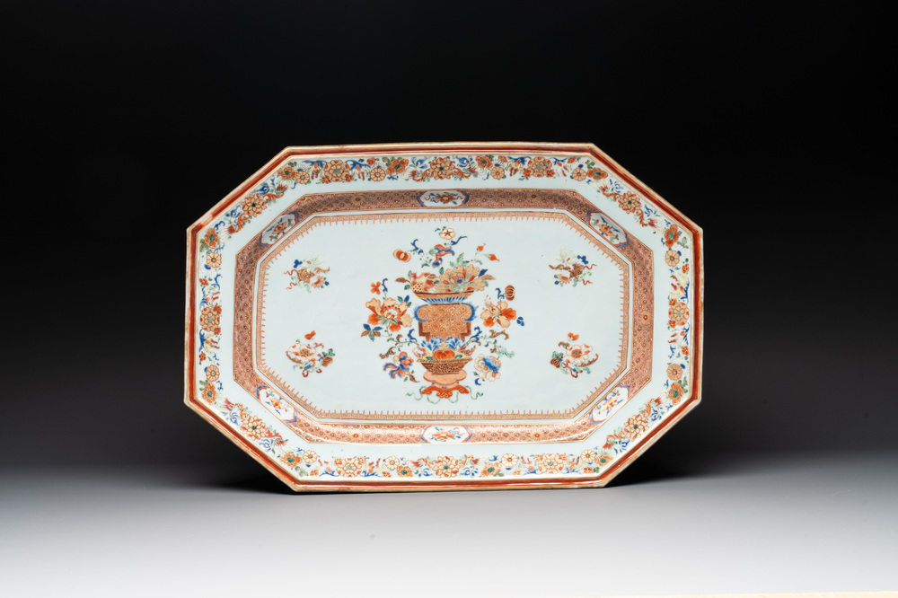 A large Chinese famille rose octagonal 'flower basket' dish, Yongzheng/Qianlong