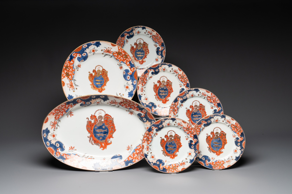 Five Imari-style plates, a dish and an oval charger with the arms of Guillot, Samson, Paris, 19th C.