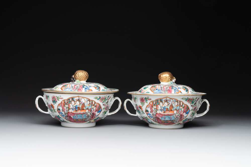 A pair of Chinese Canton famille rose two-handled bowls and covers with narrative design, Daoguang mark and of the period