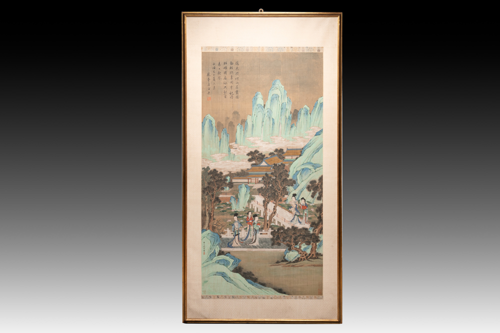In the manner of Qiu Ying 仇英 (1494-1552): 'Mountainous landscape', ink and colour on silk, 19/20th C.