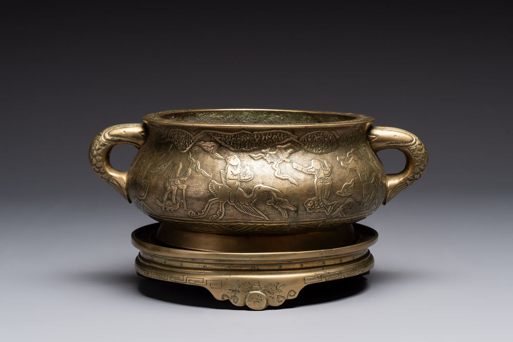 A large Chinese bronze 'Eight Immortals' censer and stand, Xuande mark, 19th C.