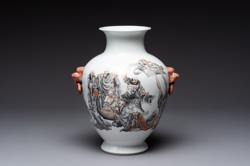 A Chinese iron-red-decorated grisaille '18 Luohan' vase, Qianlong mark, dated 1993