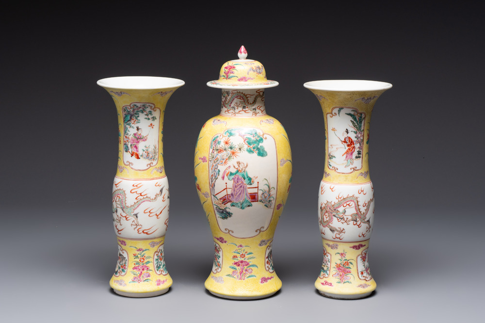 A famille rose-style garniture of three vases, Samson, Paris, 19th C.