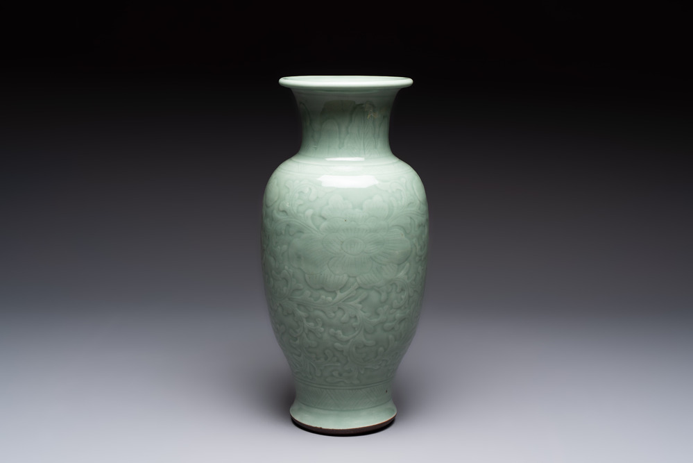 A Chinese celadon-glazed vase with floral design, Qianlong