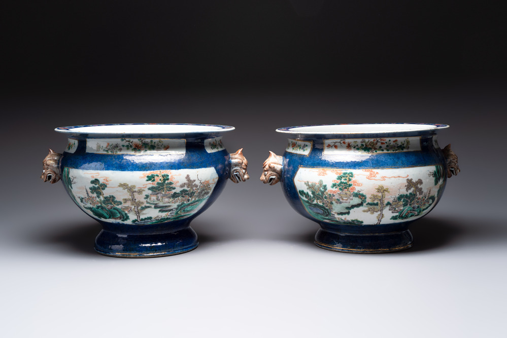 A pair of large Chinese famille verte powder-blue-ground 'landscape' jardini&egrave;res, 19th C.