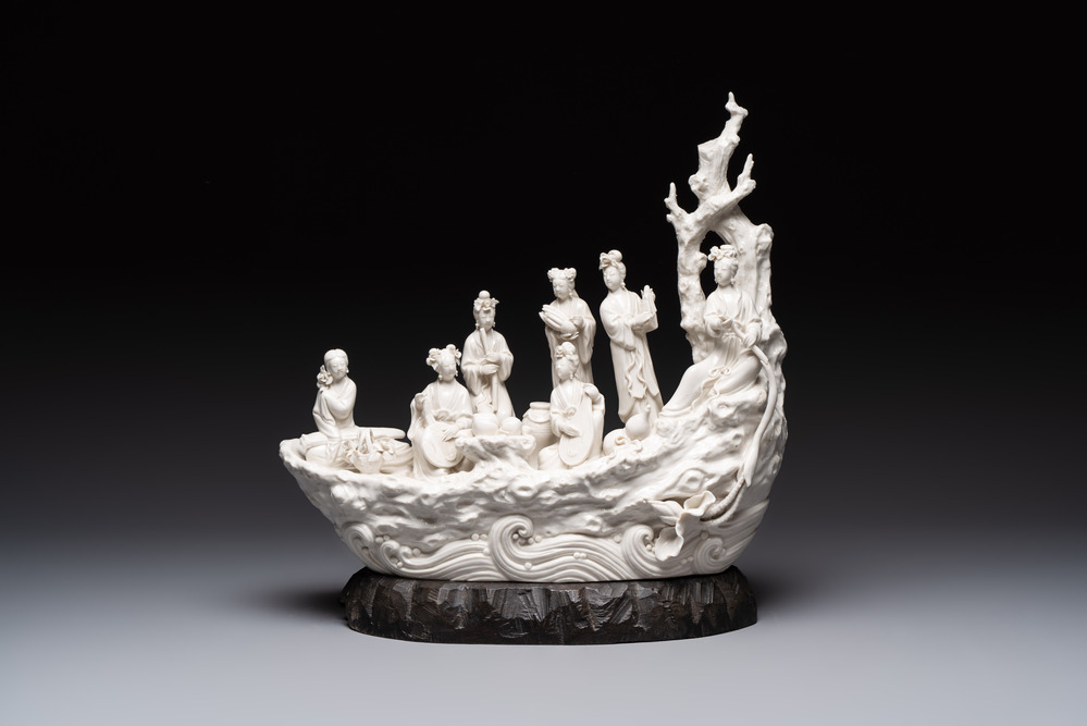 A large Chinese Dehua blanc de Chine group with goddesses on a boat, Republic