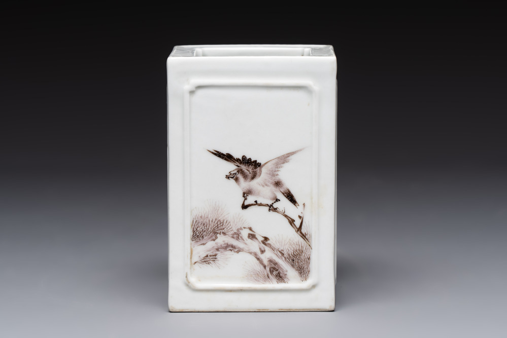 A square Chinese grisaille 'eagle' brush pot, signed Lu Yunshan 陸雲山, dated 1946