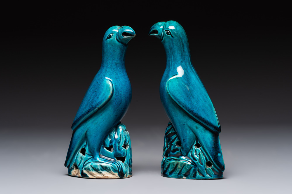 A pair of Chinese turquoise-glazed parrots, 19th C.