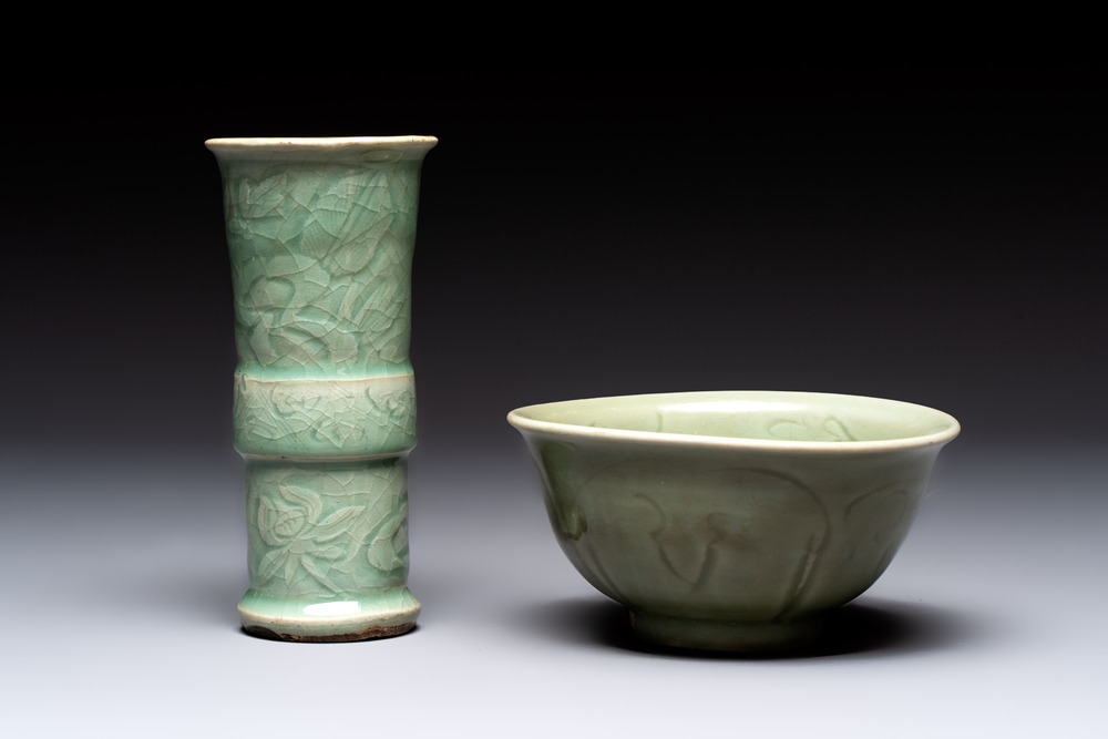 A Chinese Longquan celadon 'gu' vase with 'anhua' floral design and a bowl, Ming