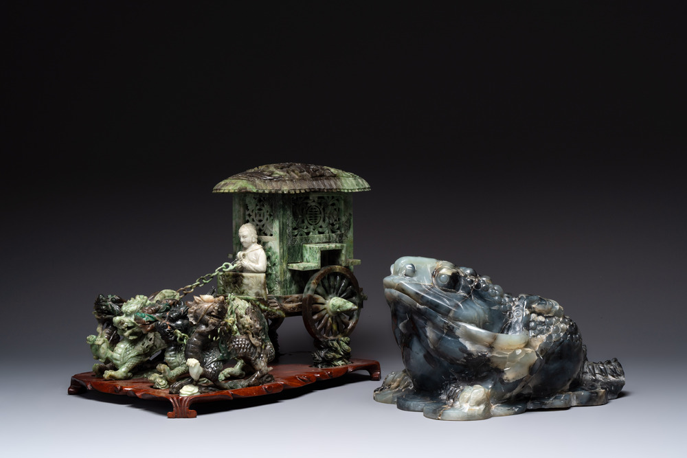A Chinese jade group of an imperial carriage with mythical beasts and a large three-legged toad, 20th C.