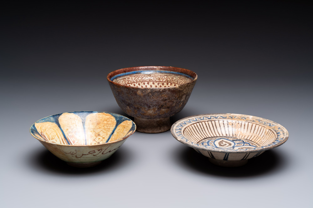 Three polychrome Kashan bowls, Persia, 13/15th C.