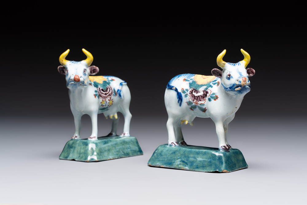 A pair of polychrome Dutch Delft cows, 18th C.