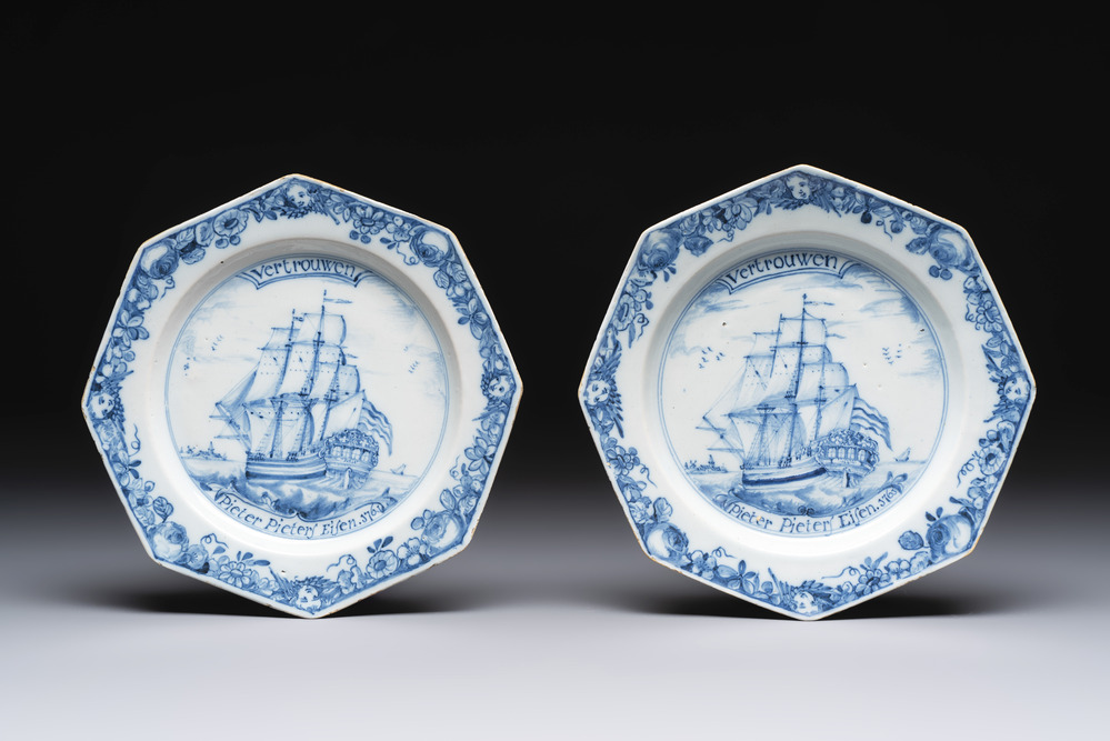 A pair of octagonal blue and white English Delftware inscribed plates with a three-master, Liverpool, dated 1763
