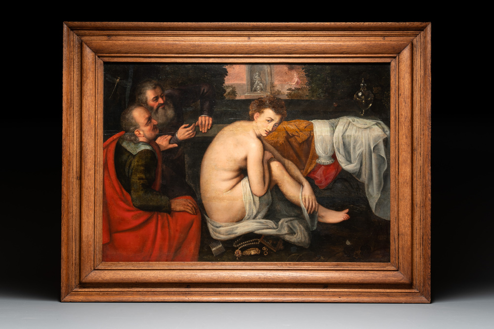 Workshop of Frans Floris (1519/20-1570): 'Suzanna and the elders', oil on panel, 16th C.