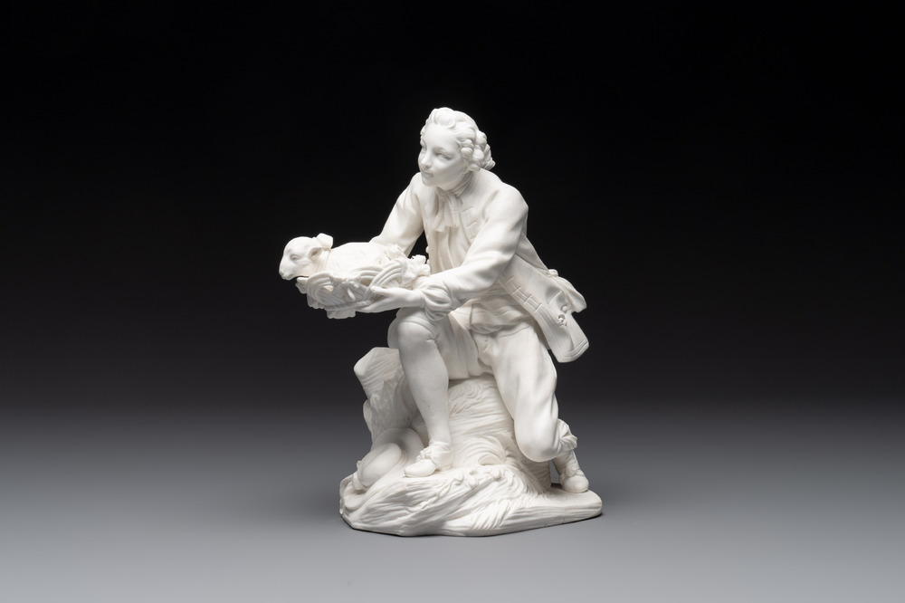 A S&egrave;vres biscuit porcelain figure 'Le Porteur de Mouton' by Fernex, after Boucher, 18th C.