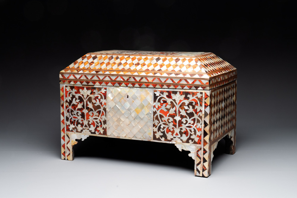 A rare and fine Ottoman mother-of-pearl and tortoiseshell-inlaid casket, 18/19th C.