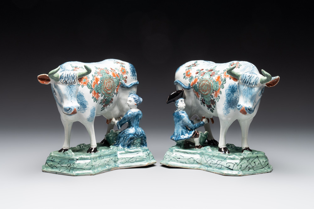 A pair of unusual polychrome Dutch Delft milking groups, 18th C.