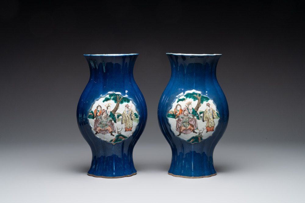 A pair of Chinese famille verte blue-ground lobed vases with figural design, 19th C.