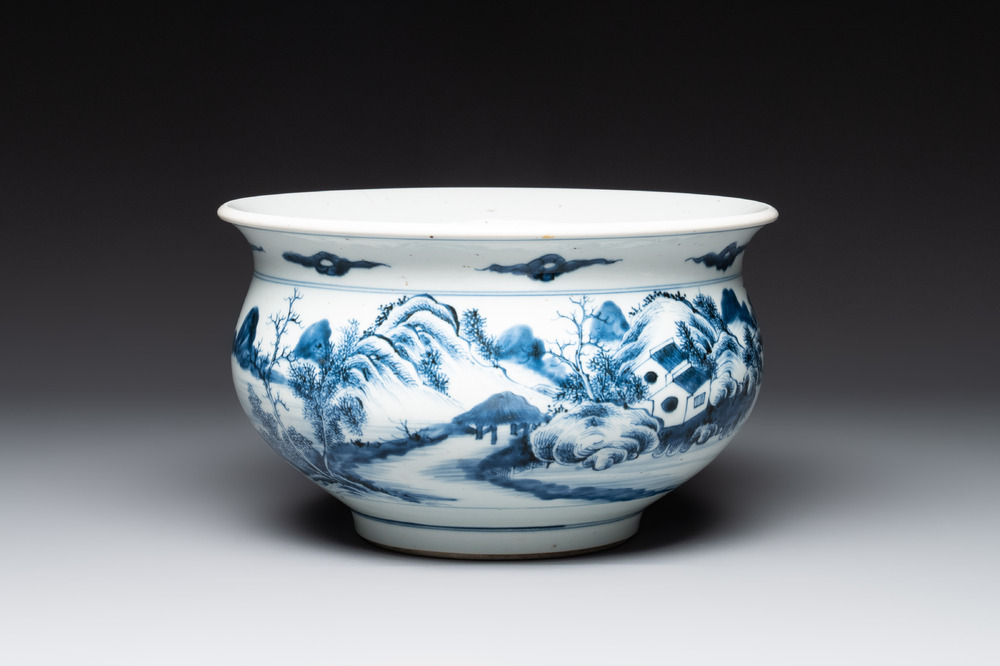 A Chinese blue and white 'river landscape' censer, 18th C.