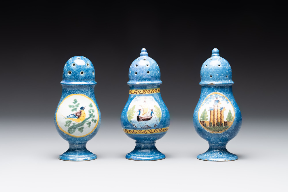 Three polychrome Brussels faience canisters, 18/19th C.
