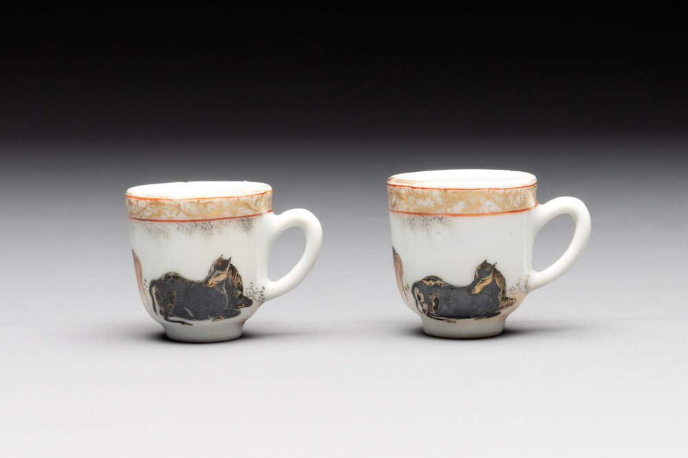A pair of rare Chinese gilt-decorated grisaille and iron-red miniature 'horse' cups, Yongzheng/Qianlong