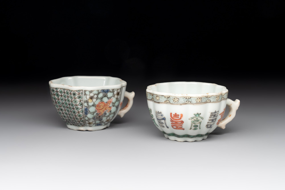 Two small Chinese famille verte handled cups with 'prunus on cracked ice' and 'shou' design, Kangxi