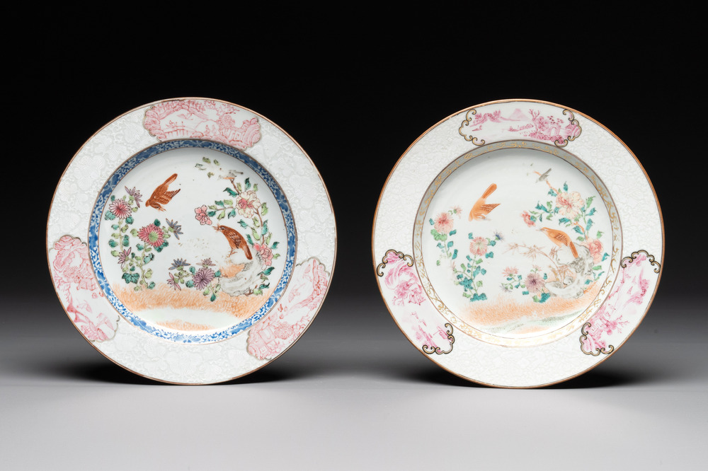 Two Chinese famille rose 'magpies and peonies' plates with bianco-sopra-bianco rims, Yongzheng