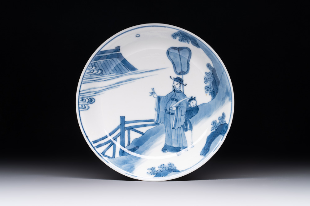 A fine Chinese blue and white 'Zhi Ri Gao Sheng 指日高升&lsquo; saucer, Chenghua mark, Kangxi