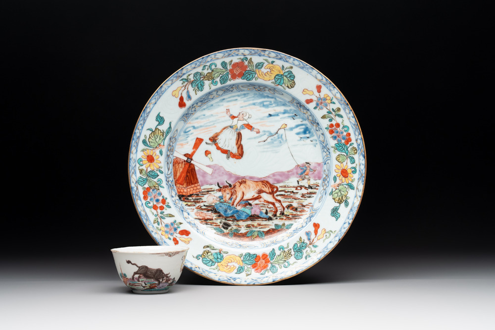 A rare Chinese Dutch decorated 'The miracle of Zaandam' plate and a cup, Qianlong