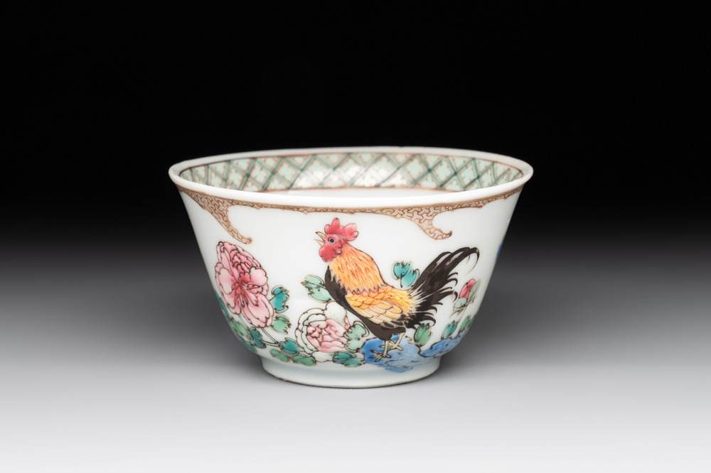 An extremely rare Chinese famille rose semi-eggshell 'rooster' cup, Baiyun Shanren 白雲山人 seal mark, Yongzheng