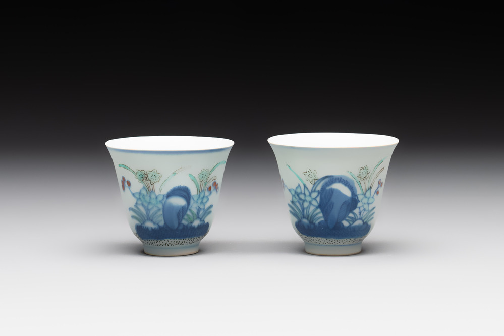 A pair of Chinese doucai 'narcissus' wine cups, Guangxu mark and of the period