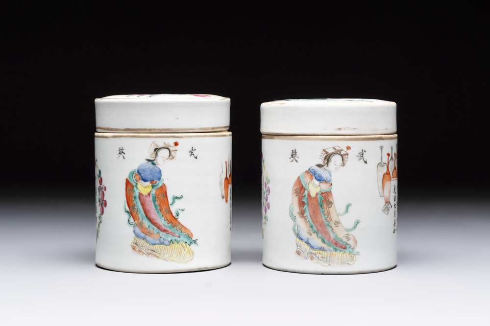 A pair of Chinese famille rose 'Wu Shuang Pu' boxes and covers, 19th C.