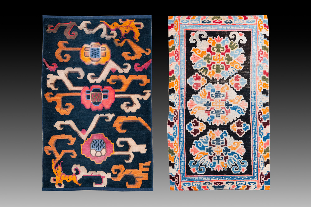 Two Tibetan woollen rugs with floral design, 19th C.