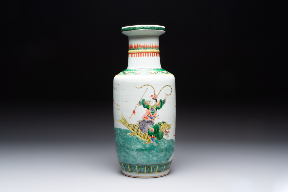 A Chinese famille verte rouleau vase with immortals, 19th C.