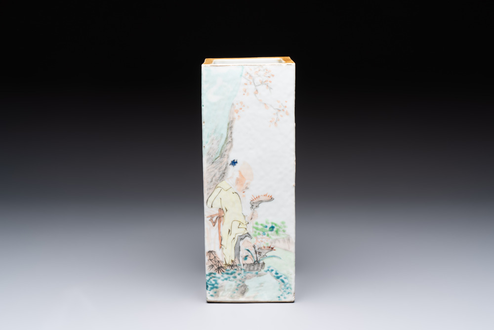 A Chinese qianjiang cai square hat stand, signed Wen Xuan Shi 文軒氏, dated 1889