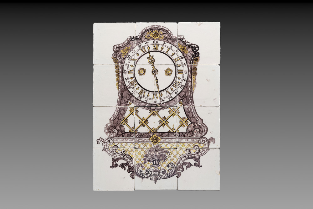 A polychrome Dutch Delft 'console clock' tile mural, probably Rotterdam, 18th C.