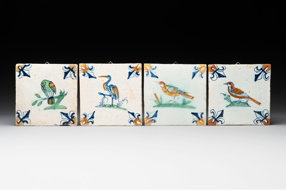 Four polychrome Dutch Delft 'bird' tiles, 17th C.