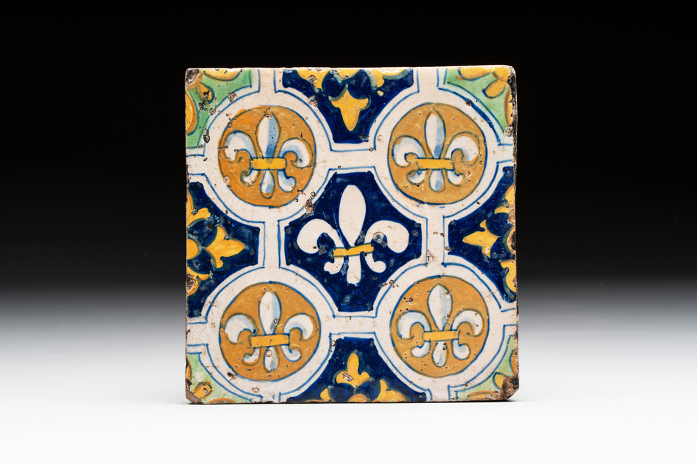A polychrome Dutch Delft 'French lilies' tile, ca. 1600