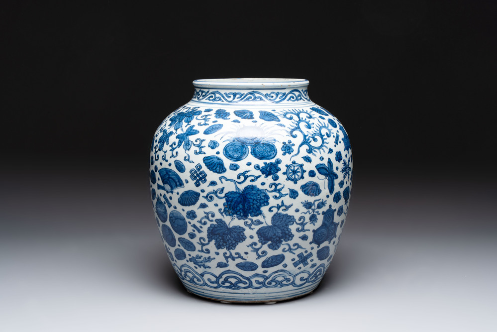 A large Chinese blue and white jar with Buddhist symbols and foliage, Jiajing/Wanli period