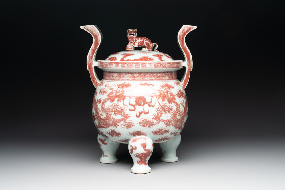 A Chinese copper-red and white 'dragon' censer and cover, 19th C.
