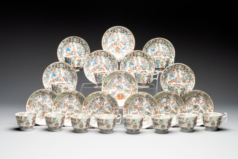 14 Chinese Canton famille rose 'Wu Shuang Pu-style' cups and saucers, 19th C.