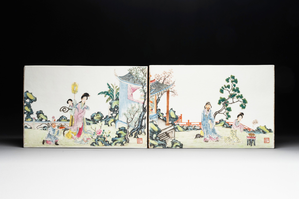 A pair of Chinese famille rose plaques with garden scenes, Ju Ren Tang 居仁堂 mark, 19/20th C.