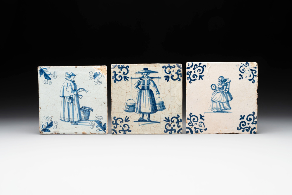 Three blue and white Dutch Delft 'ladies' tiles, 17th C.