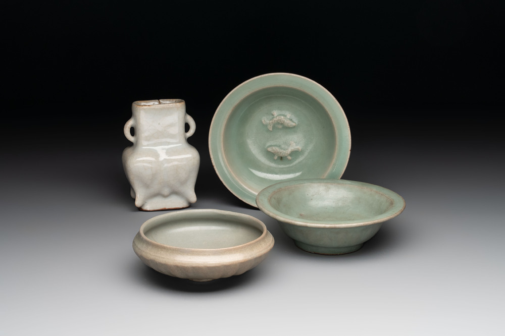 Three Chinese Longquan celadon saucers and an archaistic ge-type vase, Ming/Qing