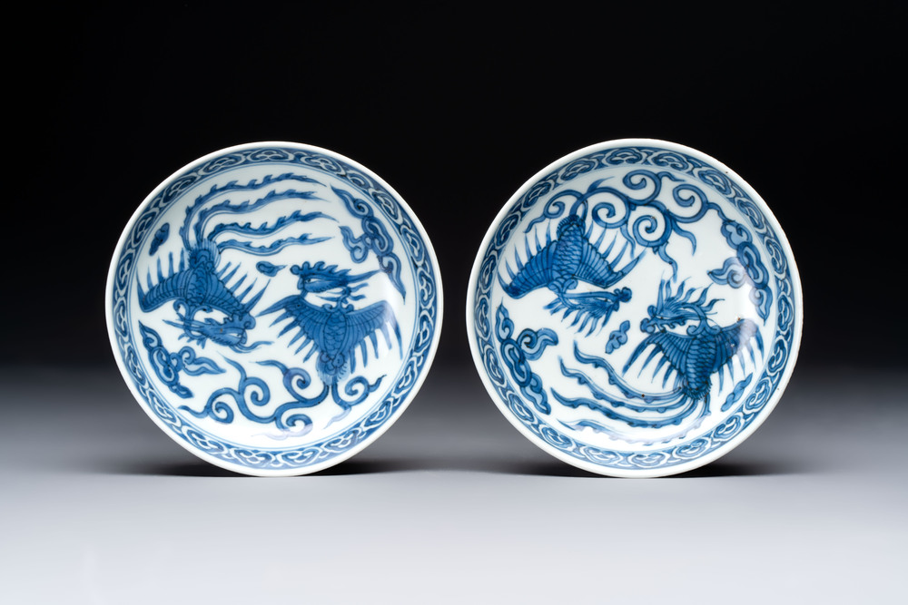A pair of Chinese blue and white 'phoenix' plates, Wanli mark and of the period