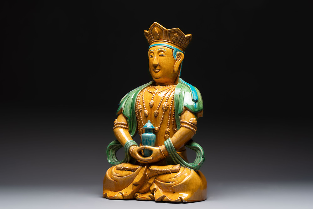 A large Chinese sancai-glazed Buddha, possibly from the Chengde Palace, Qianlong