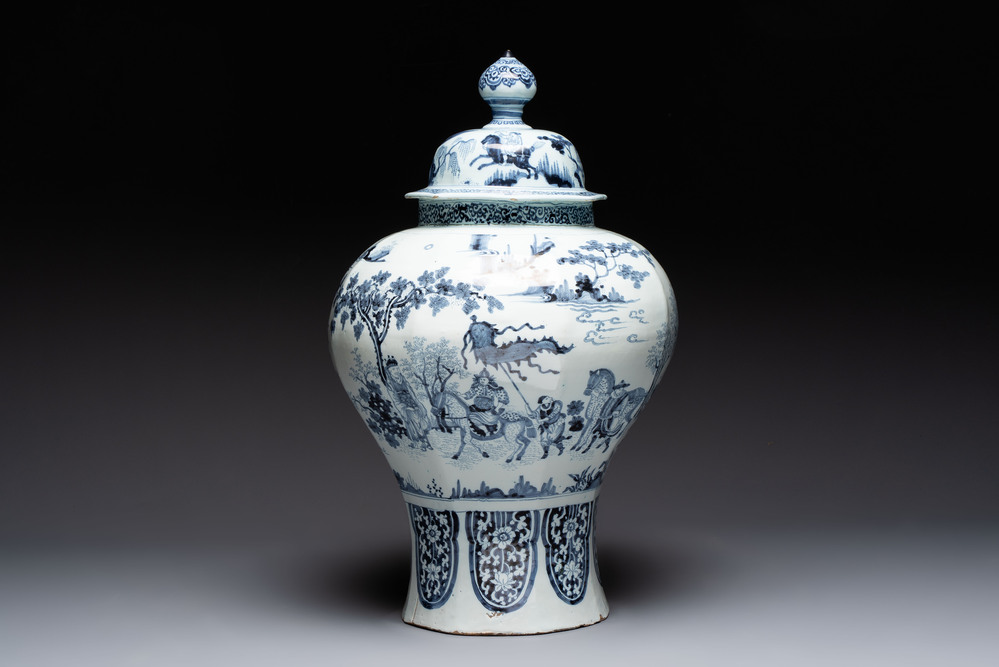 A large blue and white Dutch Delft chinoiserie vase and cover, late 17th C.