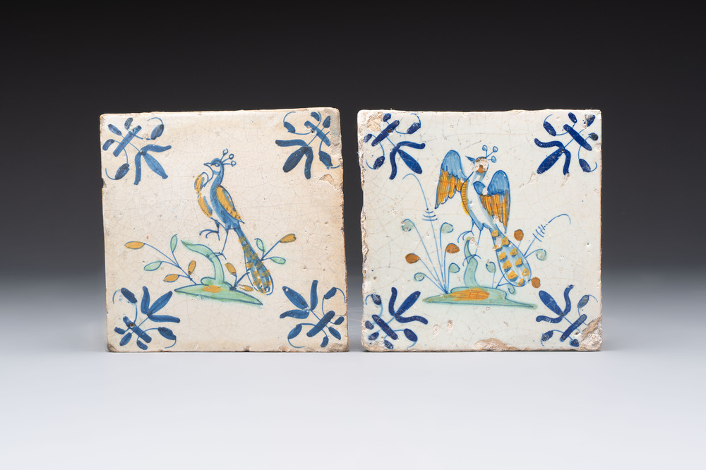 Two polychrome Dutch Delft 'peacock' tiles, 17th C.